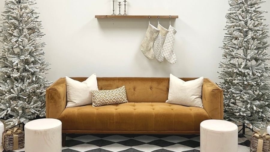 Couch with two Christmas trees