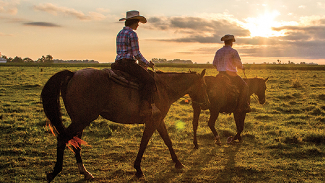 two horseback riders riding in the sunset