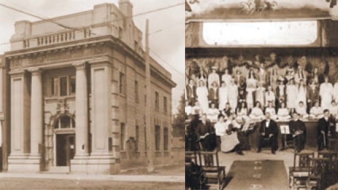Collage of old photos of buildings 