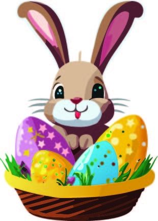 Cartoon depiction of the Easter Bunny in front of a basket of Easter eggs.