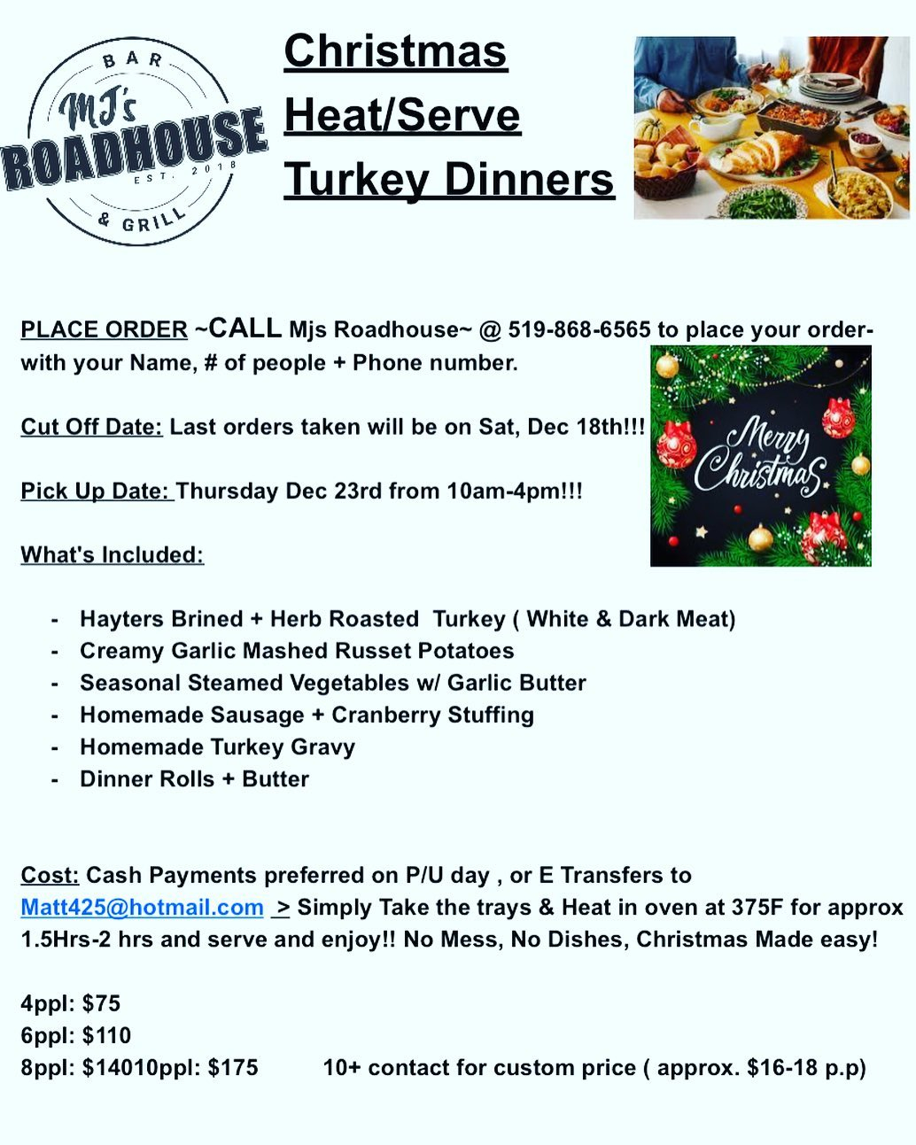 mjs roadhouse Christmas dinner information poster 